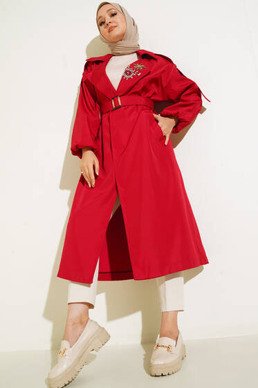 Yakası Taş Süslemeli Trençkot Bordo - Trençkot