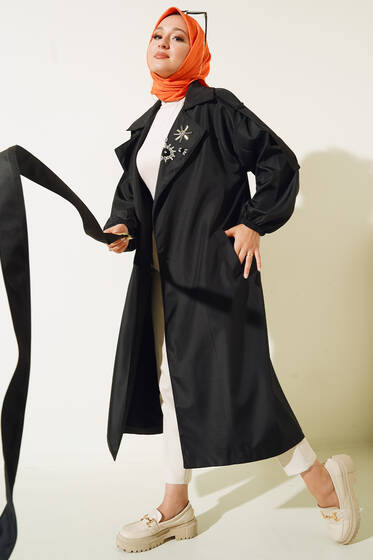 Yakası Taş Süslemeli Trençkot Siyah - Trençkot