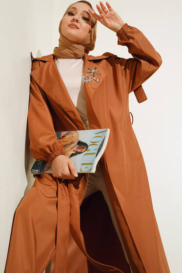 Yakası Taş Süslemeli Trençkot Taba - Trençkot