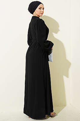 Yakası Taşlı Balon Kol Abiye Elbise Siyah - Elbise