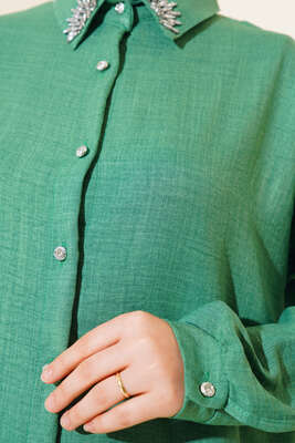 Yakası Taşlı Düğmeli Keten İkili Takım Yeşil - Thumbnail