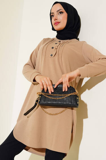 Yakası Taşlı Düğmeli Tunik Bej - Tunik