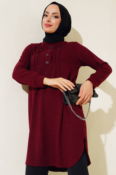 Yakası Taşlı Düğmeli Tunik Bordo - Tunik