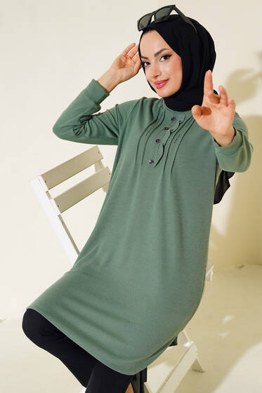 Yakası Taşlı Düğmeli Tunik Çağla Yeşili - Tunik