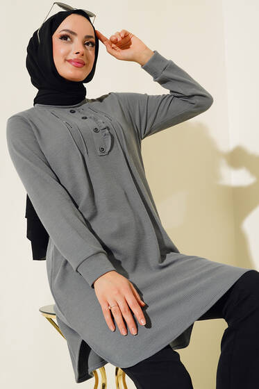 Yakası Taşlı Düğmeli Tunik Gri - Tunik