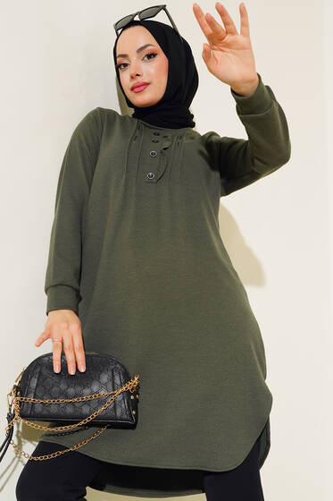 Yakası Taşlı Düğmeli Tunik Haki - Tunik