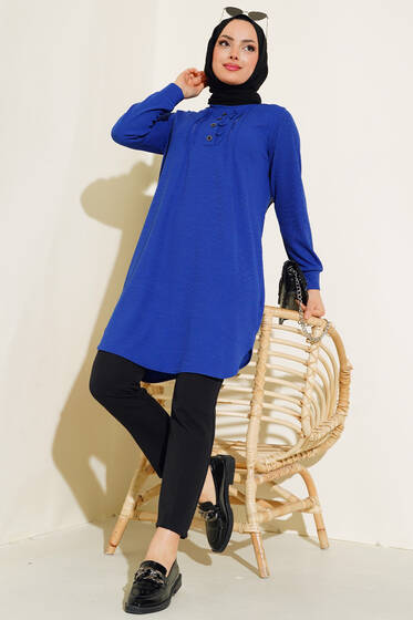 Yakası Taşlı Düğmeli Tunik Saks - Tunik
