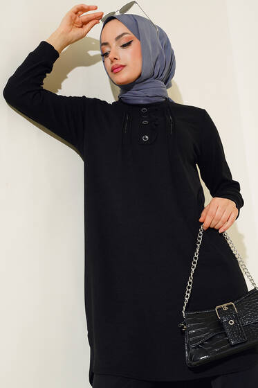 Yakası Taşlı Düğmeli Tunik Siyah - Tunik
