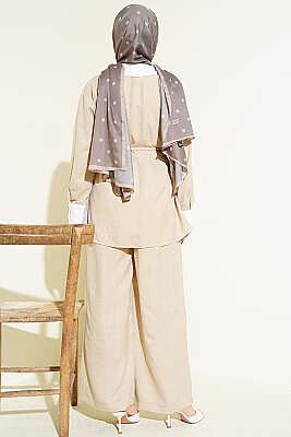 Yakası Taşlı Gizli Düğmeli İkili Takım Bej - İkili Takım