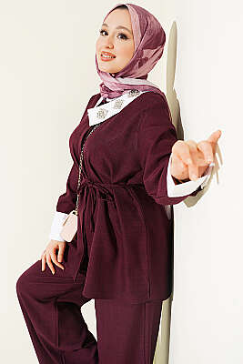 Yakası Taşlı Gizli Düğmeli İkili Takım Bordo - İkili Takım