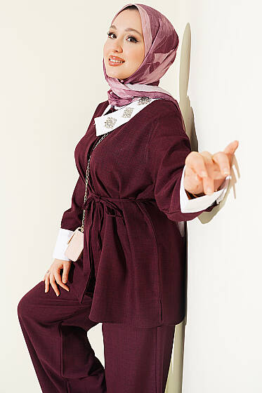 Yakası Taşlı Gizli Düğmeli İkili Takım Bordo - İkili Takım
