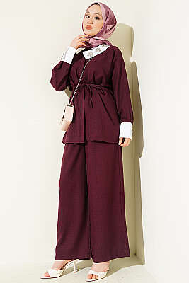 Yakası Taşlı Gizli Düğmeli İkili Takım Bordo - İkili Takım