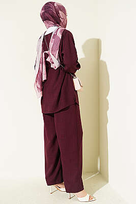 Yakası Taşlı Gizli Düğmeli İkili Takım Bordo - İkili Takım