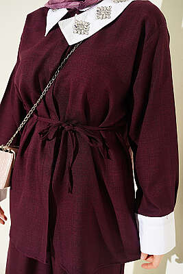 Yakası Taşlı Gizli Düğmeli İkili Takım Bordo - İkili Takım