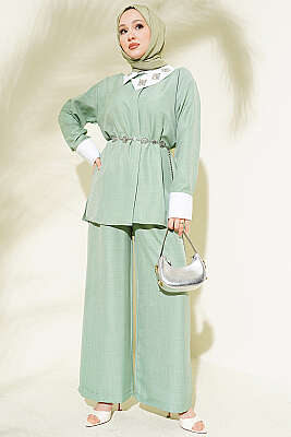 Yakası Taşlı Gizli Düğmeli İkili Takım Çağla Yeşili 