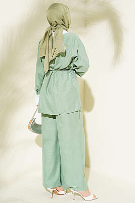 Yakası Taşlı Gizli Düğmeli İkili Takım Çağla Yeşili - İkili Takım