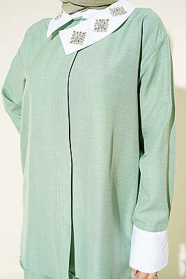 Yakası Taşlı Gizli Düğmeli İkili Takım Çağla Yeşili - İkili Takım