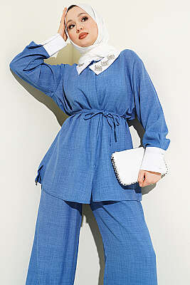 Yakası Taşlı Gizli Düğmeli İkili Takım İndigo 