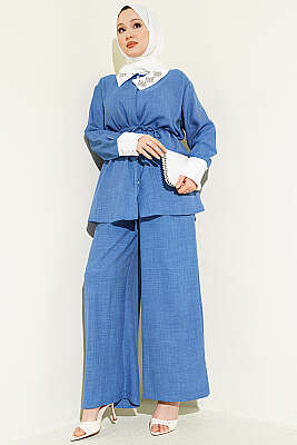 Yakası Taşlı Gizli Düğmeli İkili Takım İndigo - İkili Takım