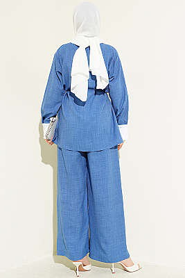 Yakası Taşlı Gizli Düğmeli İkili Takım İndigo - İkili Takım