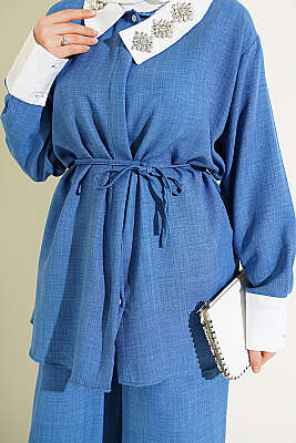 Yakası Taşlı Gizli Düğmeli İkili Takım İndigo - İkili Takım