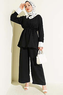 Yakası Taşlı Gizli Düğmeli İkili Takım Siyah 