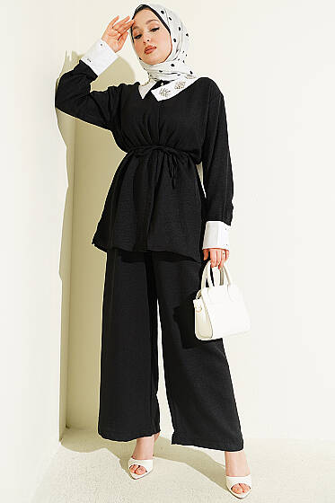 Yakası Taşlı Gizli Düğmeli İkili Takım Siyah - İkili Takım