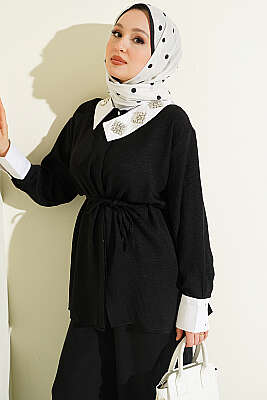 Yakası Taşlı Gizli Düğmeli İkili Takım Siyah - İkili Takım