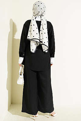 Yakası Taşlı Gizli Düğmeli İkili Takım Siyah - İkili Takım