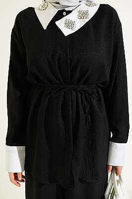 Yakası Taşlı Gizli Düğmeli İkili Takım Siyah - İkili Takım