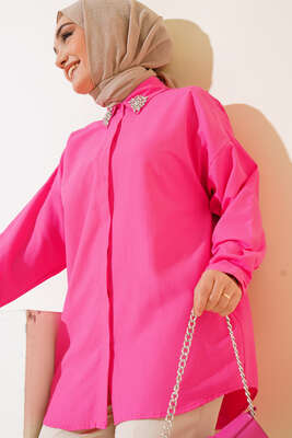 Yakası Taşlı Gömlek Fuşya - Elbise