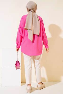 Yakası Taşlı Gömlek Fuşya - Elbise