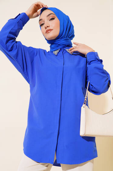 Yakası Taşlı Gömlek Saks - Elbise