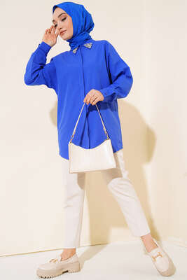 Yakası Taşlı Gömlek Saks - Elbise