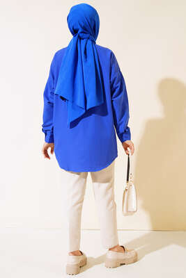 Yakası Taşlı Gömlek Saks - Elbise