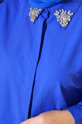 Yakası Taşlı Gömlek Saks - Elbise