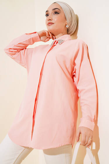 Yakası Taşlı Gömlek Somon - Elbise