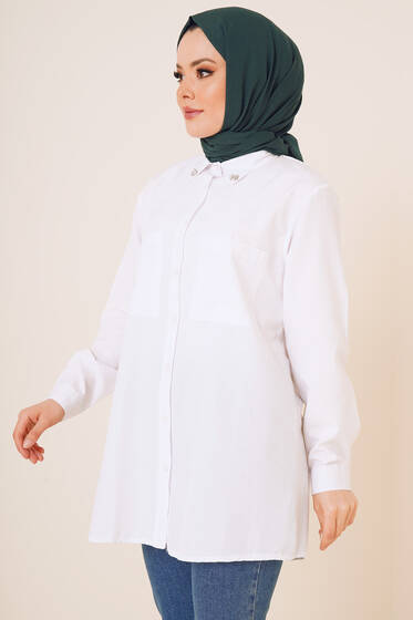 Yakası Taşlı İki Cepli Gömlek Beyaz - Gömlek
