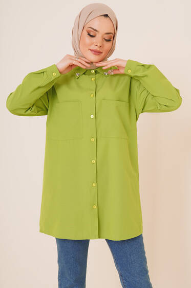 Yakası Taşlı İki Cepli Gömlek F. Yeşil - Gömlek