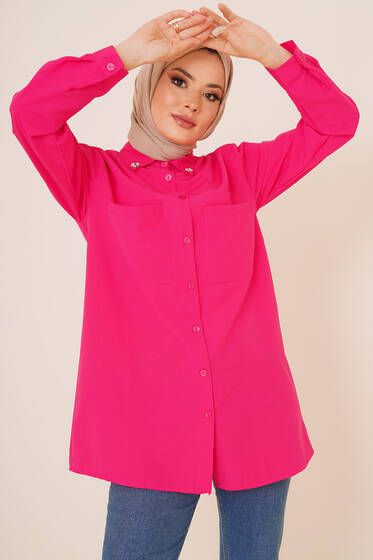 Yakası Taşlı İki Cepli Gömlek Fuşya - Gömlek