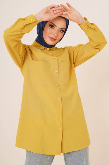 Yakası Taşlı İki Cepli Gömlek Neon Yeşili - Gömlek