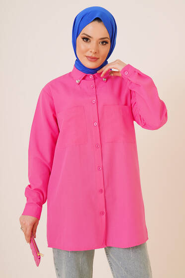 Yakası Taşlı İki Cepli Gömlek Pembe - Gömlek
