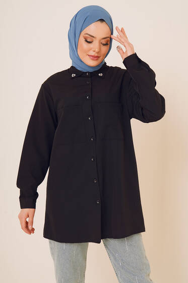 Yakası Taşlı İki Cepli Gömlek Siyah - Gömlek