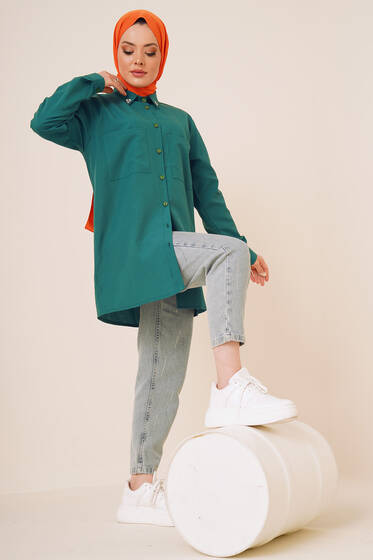 Yakası Taşlı İki Cepli Gömlek Zümrüt Yeşili - Gömlek