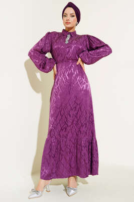 Yakası Taşlı Jakar Elbise Mor - Tesettür Elbise