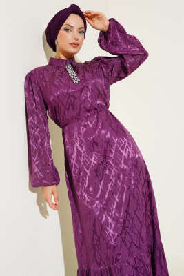 Yakası Taşlı Jakar Elbise Mor - Tesettür Elbise