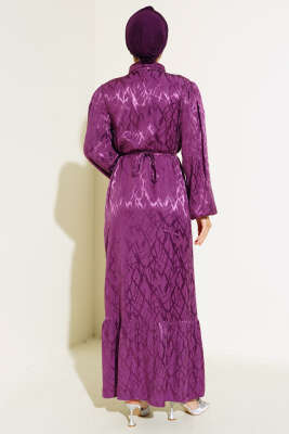 Yakası Taşlı Jakar Elbise Mor - Tesettür Elbise