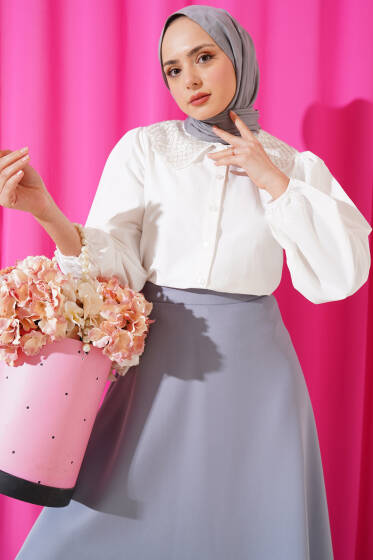 Yakası Taşlı Kısa Gömlek Beyaz - Gömlek