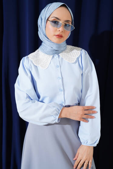 Yakası Taşlı Kısa Gömlek Buz Mavisi - Gömlek