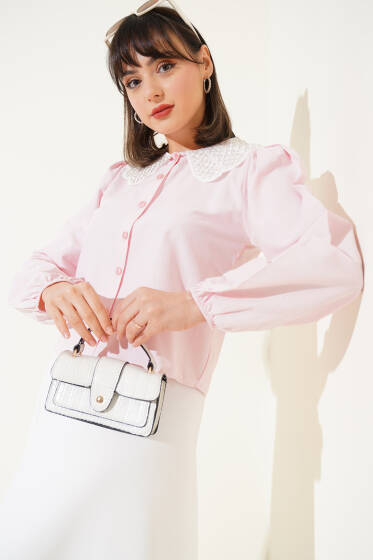 Yakası Taşlı Kısa Gömlek Pembe - Gömlek